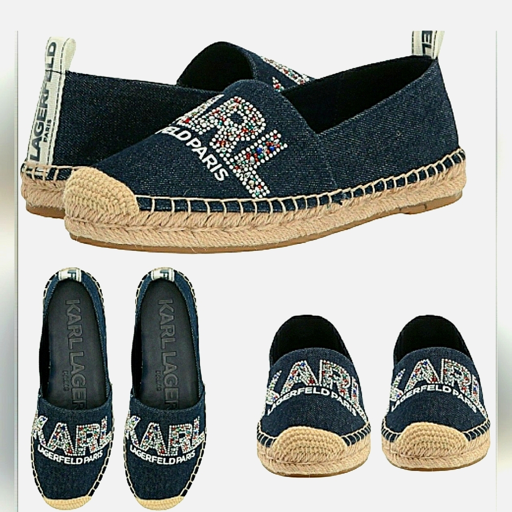 Bling 10 Sparkling Beaded Margo Blue Denim Flat Slip-On Espadrille New